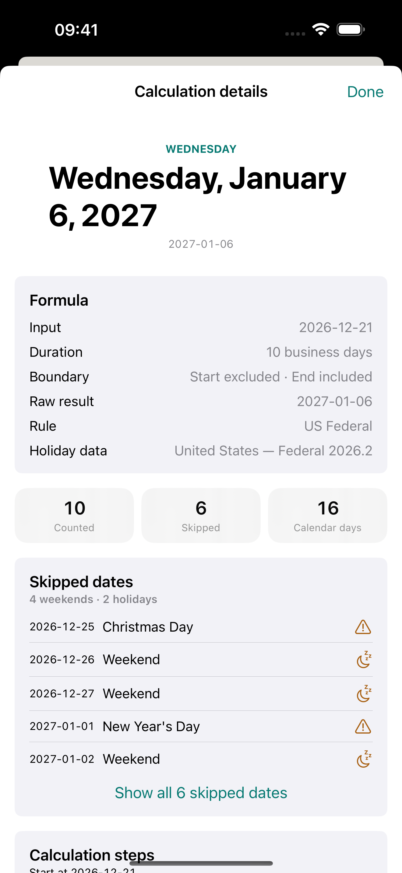 DayProof calculation details for January 6, 2027: 10 business days counted, with four weekend dates, Christmas Day, and New Year’s Day skipped.