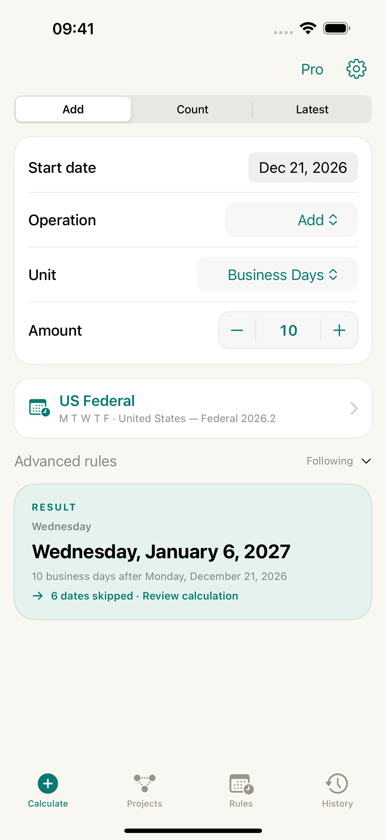 DayProof adding 10 US Federal business days to December 21, 2026, with a result of January 6, 2027.