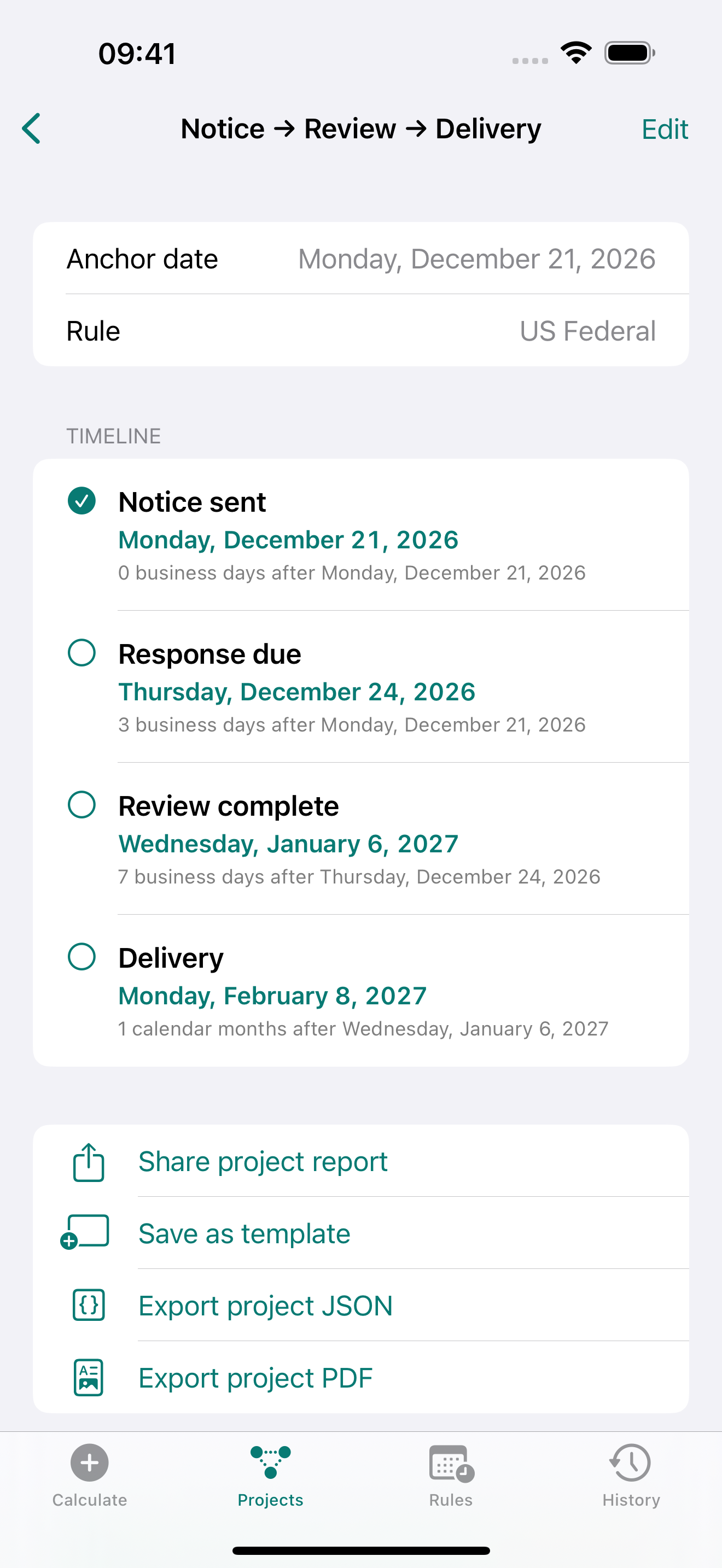 DayProof project timeline: notice December 21, 2026; response December 24; review January 6, 2027; delivery February 8.